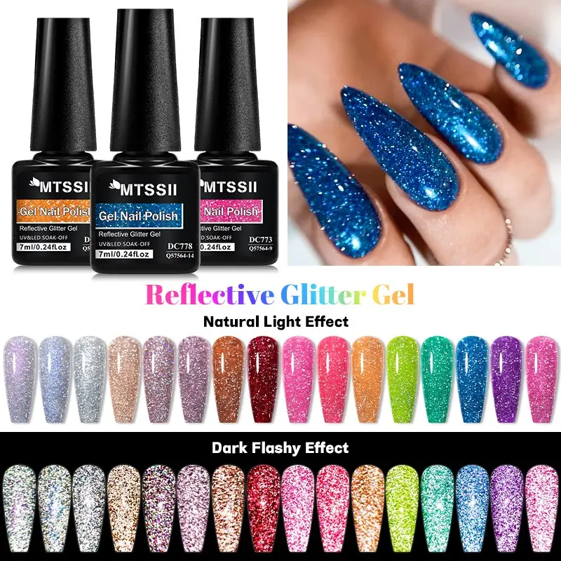 MTSSII 8Colors Fluorescent Reflective Glitter Gel Nail Polish Set Soak Off Gel Blue Sparkle Glitter Dark Flashy Neon Gel Polish For Summer Semi Permanent UV LED Gel Nail Art Varnish All For Shimmer Manicure Kit Nail Art DIY For Salon And Home UV Light Gel