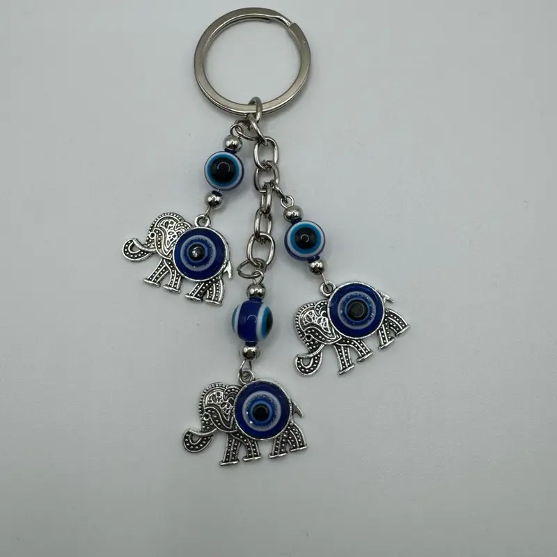 Turkish Blue Nazar Personalized Evil Eye Keychain - Stainless Steel Key Ring with Elephant Design, Trendy Gift for Best Friends