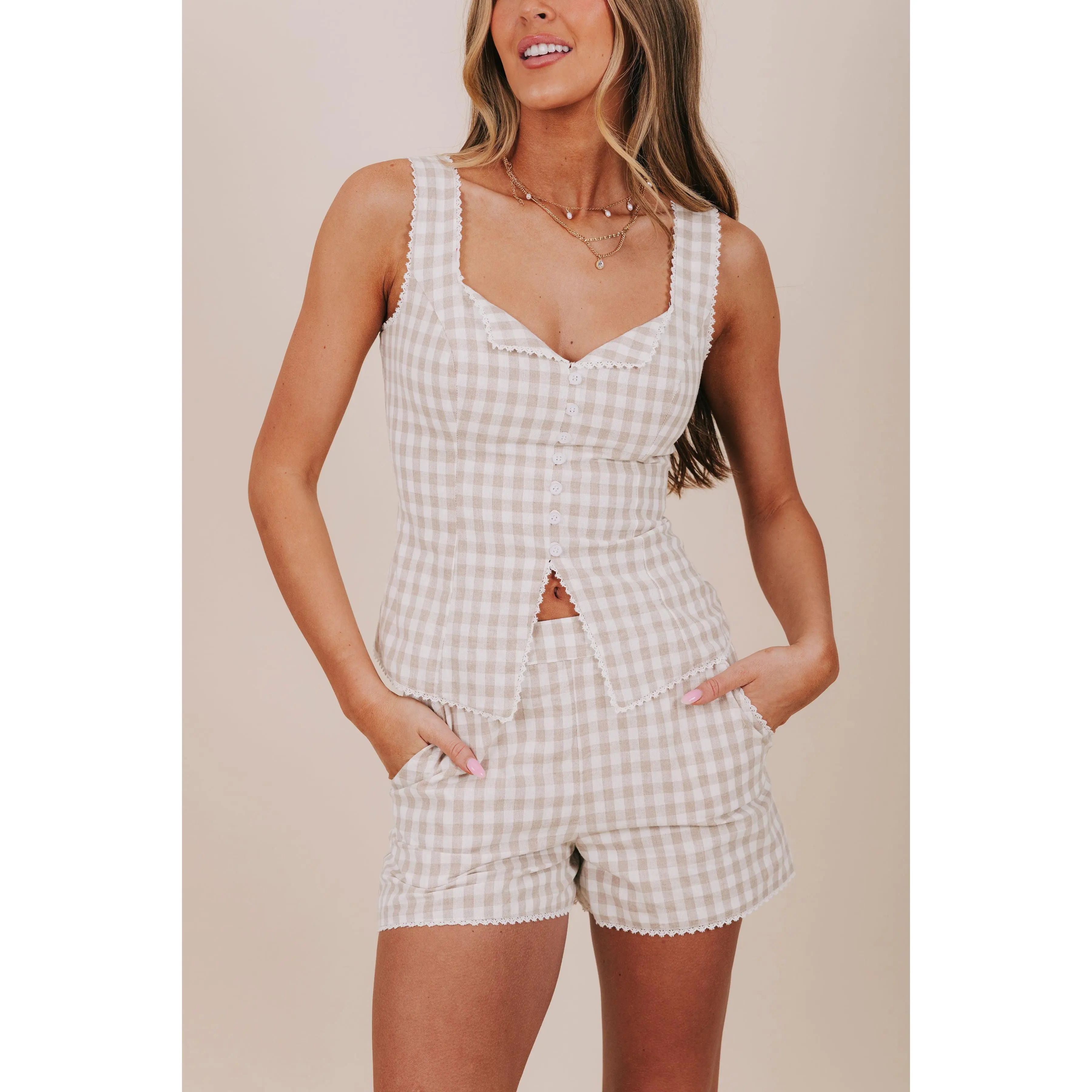 Women's Hooked On You Casual Blouse - Adjustable Straps, Gingham Pattern, Lace Accents