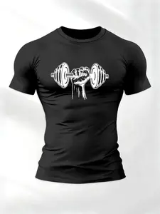 Men's Fashion Casual Dumbbell Theme Sport T-Shirt, Gym Performance Top, Breathable Stretchy Crew Neck Short Sleeve for Daily Commute Running Workout