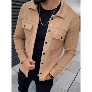 Men’s solid-color suede jacket with front buttons and pockets, regular fit casual long-sleeve collared outerwear for spring and fall, fashionable men’s clothing for daily wear