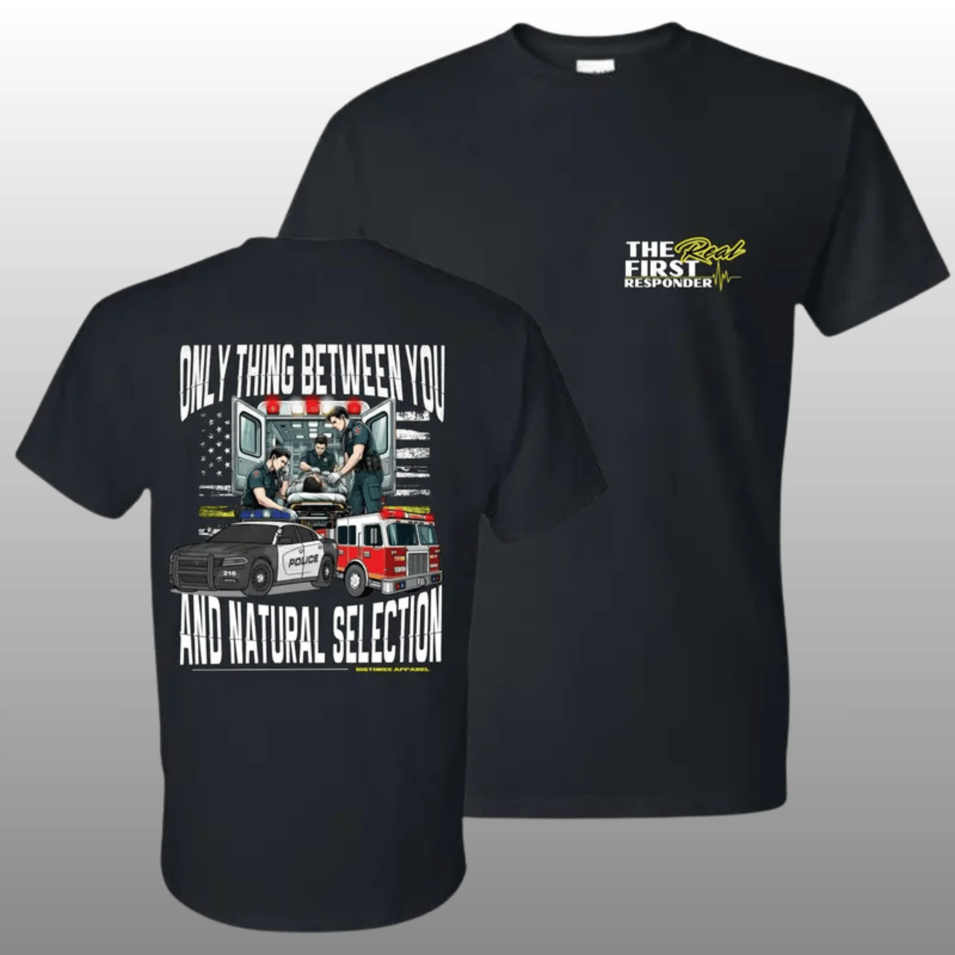 Men's Casual Short-Sleeve Round Neck Streetwear First Responder Natural Selection Meme T-Shirt - 2-Sided Real First Responder Graphic Tee, Shortsleeve, Menswear