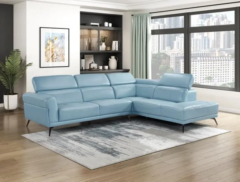 Homelegance 8456BUE-22LRC 2-Pc Top Grain Leather Match Contemporary Sectional Sofa, Light Blue, with Chaise, Adjustable Headrests