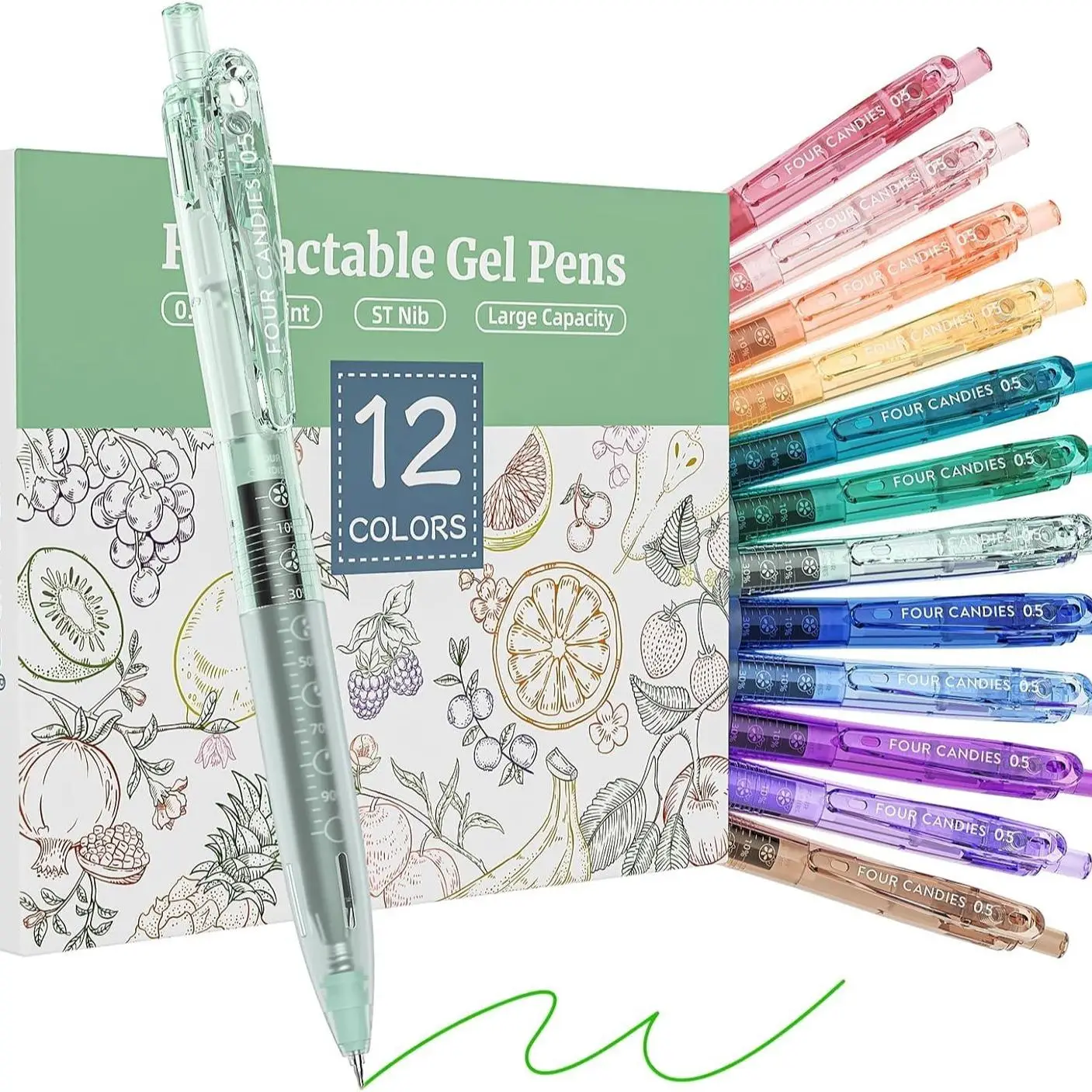 Four Candies 12Pack 0.5mm Quick Dry Retractable Gel Pen Set, Cute Transparent Fine Point Multicolor Note Taking Aesthetic lnk Pens, Comfort Grip 12 In