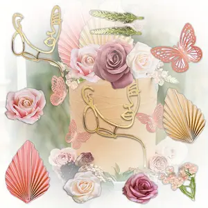 26PCS Flower Boho Cake Toppers Butterfly Cake Decor Acrylic Minimalist Art Lady Face Cake Toppers with Palm Leaves Artificial Vintage Purple Pink Flowers for Women Birthday Wedding Party Supplies
