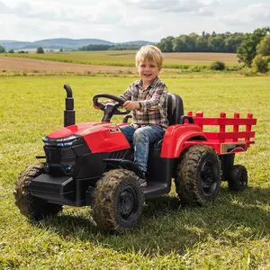Flash Sale toy Items 12V Kids Electric Ride-On Tractor with Trailer, 4-Wheel Battery Powered Vehicle, 35W Dual Motors, 3-Gear Shift, LED Lights & USB, Outdoor Ride-On Toy Gift for Toddlers Boys Girls Ages 3-6