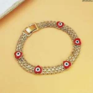 Women's Boho Chic Evil Eye Beaded Bracelet - Luxe Wide Golden-Tone Copper Chain, Red Bead Charms, Adjustable Stackable Protection Jewelry Gift for Leisure, Outdoor Use