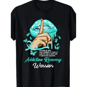 Men's & Women's Addiction Recovery Warrior T-Shirt, Sobriety Gift Tee with Teal Lips & Butterflies Design, Black Shirt for Recovery Meetings