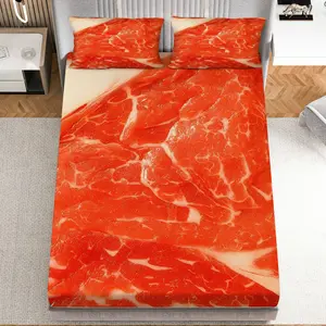 3Pcs Meat Style Novelty Unique Fitted Sheet Three Piece Set (1*Fitted Sheet+2*Pillowcases, Coreless), Halloween theme, Creative Graphic Bedding Set, Mattress protector Soft, Breathable
