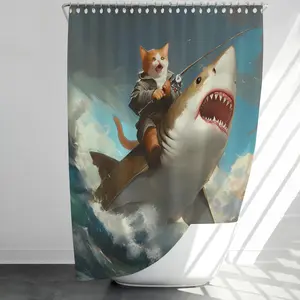 Cat Riding Shark Pattern Shower Curtain Set, 1 Count Waterproof Shower Curtain Or 4 Counts Shower Curtain & Floor Mat & Toilet U-mat & Toilet Cover Mat, Bathroom Decor