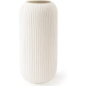 White Ceramic Vase for Flowers, 8 INCH Modern Small Ribbed Textured White Flower Vase for Home Decor, Pampas Grass, Decorative, Farmhouse, Coffee Table, Bookshelf and Home Living