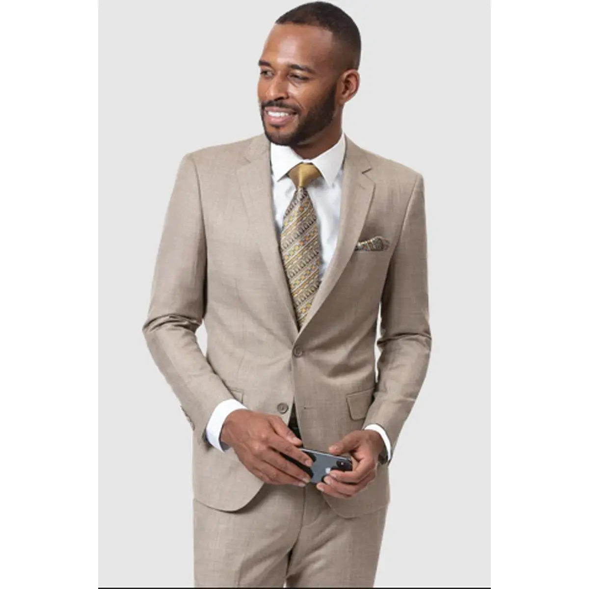 Mens Two Button Modern Fit Sharkskin Weave Suit in Taupe