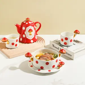 Cute Mushroom Polka Dot Ceramic Tea Set, 3D Mushroom Handle Teapot, Mugs and Bowl, Aesthetic Cottagecore Tableware for Home, Tea Parties and Gifts