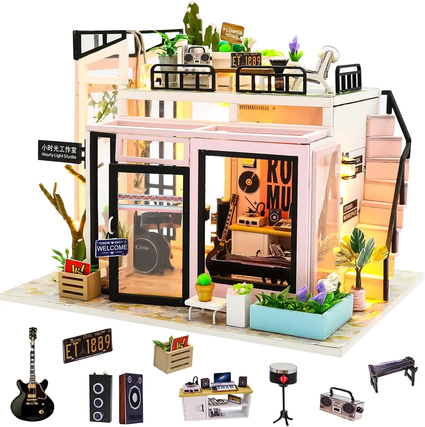 Spilay 1:24 Scale DIY Miniature Dollhouse Kit for Over 14+, Manual Handcrafting Set with Eco-Friendly Wooden Parts, Furniture, Dust-Proof Cover, Music Movement, Cloth, 7.87*5.9*6.49 in - Perfect Gift for Valentine's Day, Christmas, Miniature Things
