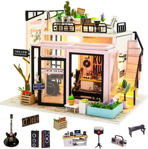 Spilay DIY Miniature Dollhouse Kit with Wooden Furniture,DIY Dollhouse Kit with Dust Proof and Music Movement,1:24 Scale Creative Room for Romantic Valentine's Gift(Time Studio)