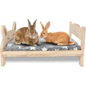 Large Wooden Rabbit Bed, 2 in 1 Folding Wooden Pet Bed with Removable Cushion Small Animals Bed for Rabbits Bunny Guinea Pigs Kittens Puppy Sleeping Habitat (20.5" x 14.3")