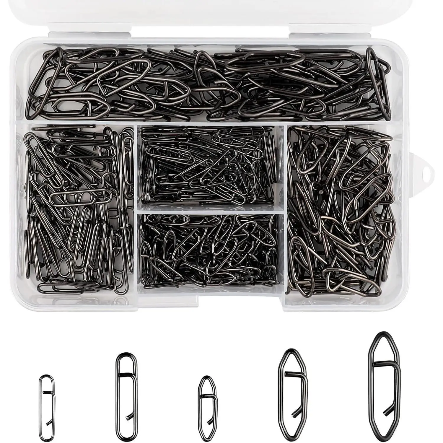 330 Pcs 5 Sizes Fishing Power Speed Clips,Stainless Steel Quick Change Lure Connectors,Clip Snap for Crankbait,Popper,Topwater Lures,Saltwater & Freshwater Fishing Tackle Accessories (Black)