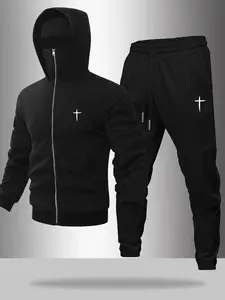 Men's Graphic Print Hooded Sweatshirt Set, Sweat Suit, Long Sleeve Fitted Casual Top & Drawstring Pants, Fall Winter Outdoor Sports Wear, Outdoor Sports Clothing, Tracksuit Sets