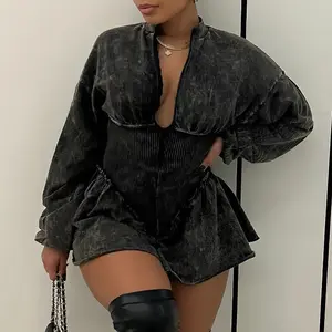 Digital Printing Gray Waist Slimming Design Dress Long Sleeve Low Cut Sexy Hips A Word Skirt Autumn and Winter