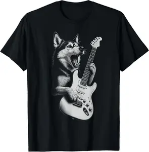 Casual Round Neck Shortsleeve Fashion Cotton Graphic Tees Streetwear Husky Playing Guitar Dog Lover T-Shirt