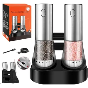 Upgraded Electric Salt and Pepper  Set Automatic with Adjustable Grinding Speed and Externally Adjustable Coarseness, Rechargeable Pepper  with USB  Base and LED Light