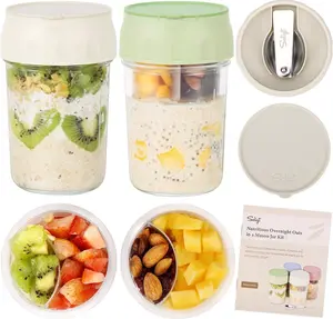 Overnight Oats Containers with Compartments – SOLIGT 2 Pack 16oz Glass Mason Jars, Leakproof Lids & Folding Spoons for Yogurt, Parfait & Meal Prep