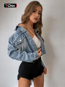 Elegant Fashionable Casual Women's Denim Jacket Outerwear, Spring Summer New Design, Chest Pocket Fringe, Solid Color Slim Fit, Trendy Style, Coats