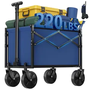 Heavy Duty Collapsible Wagon with 600D Oxford Fabric, Folding Utility Cart 176 lbs for Beach Camping Grocery, Waterproof Portable Wagon with Adjustable Handle