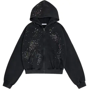 ROR | 3D print Rhinestone Zip Up Hoodies Womens Mens Casual Hooded Jackets Unisex Loose Printing Crystal Y2K Pocket Sweatshirts Can be used with raincoat