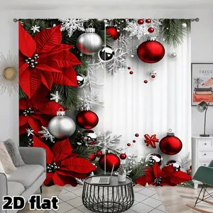 2D Flat 2Pcs Christmas Poinsettia Curtains Red Silver Ornaments Pattern Rod Pocket Design Semi Sheer Polyester Festive Holiday Window Treatment Panels Home Decoration Curtain for Living Room Bedroom Dining Kitchen Winter Home Decor Anti Privacy