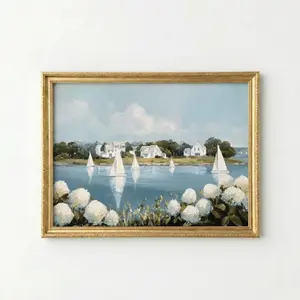 Sailboats and Hydrangeas Coastal Wall Art Print V