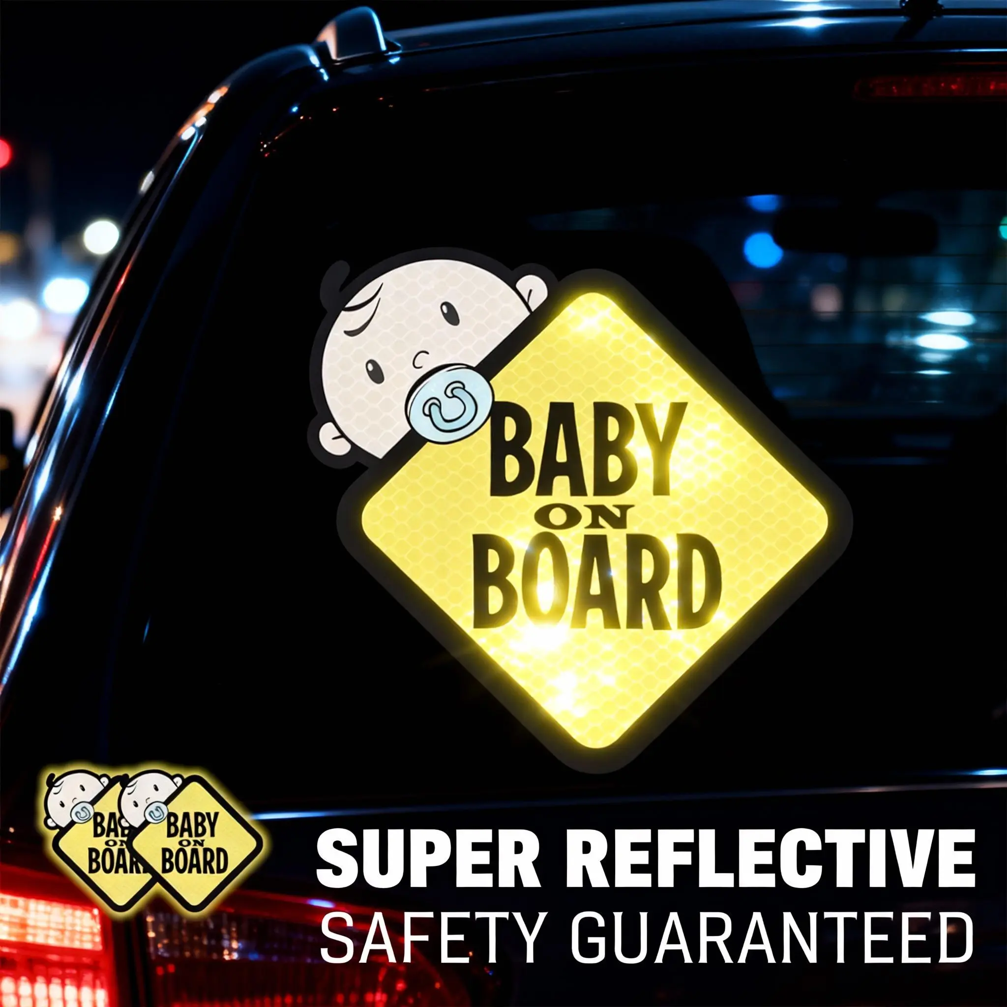 2-Pack Baby On Board Car Reflective Stickers - Durable, Long Wearing, Luminous, Waterproof Vinyl Safety Decals for Truck Windows, Bumpers, Vehicle Decoration