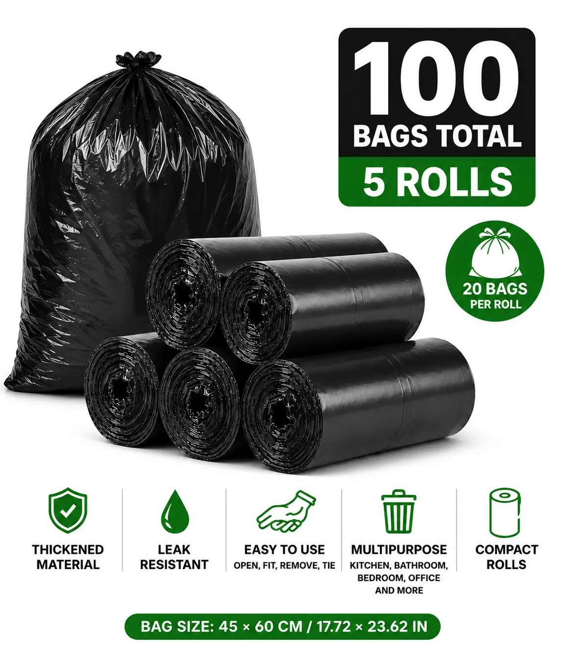 Thickened Type 5 Rolls 100 Pieces Strong & Durable Leak Resistant Easy to Use Random Colors Trash Bags