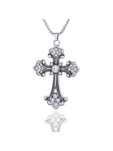 European and American cross-border jewelry hollow floral necklace with colorful diamond cross pendant, simple vintage versatile sweater chain