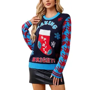 YF Women's Ugly Christmas Sweater - Sequined Stocking Jacquard, Snowflake Pattern, Long-Sleeve Crew Neck Cozy Knit for 2026 Fall Winter Holiday Parties, Casual Wear Knitwear Knitted Womenswear Cardigans