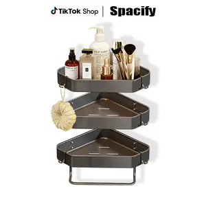 SPACIFY HOME 3-Pack Gunmetal Gray 3-Tier Diamond Triangle Corner Shower Caddy, No Drilling Adjustable Height Bathroom Organizer with Towel Bar & Hooks, Rustproof Wall Mounted Shower Storage Shelf for Bathroom, Toilet & Shower Room