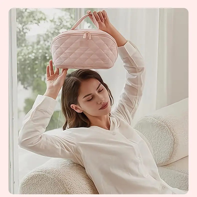 flat travel makeup bag Telena Leather Make Up Portable Bag Waterproof Cosmetic Bags for Women Large Capacity With Handle and Divider Open Lay while closing smoothly for convenient portability Numhew Travel Makeup Bag in