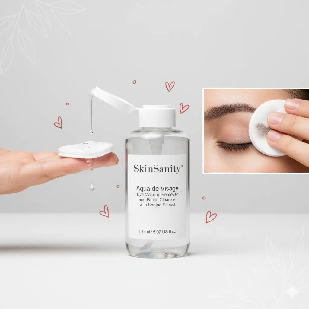 SkinSanity® Micellar Water Eye Makeup Remover & Facial Cleanser, 5 fl oz - Gentle Organic Daily Cleansing Formula with Silk Amino Acids & Natural Ingredients for All Skin Types, Flower, Cotton Pad, Rose Oil, Eye & Face