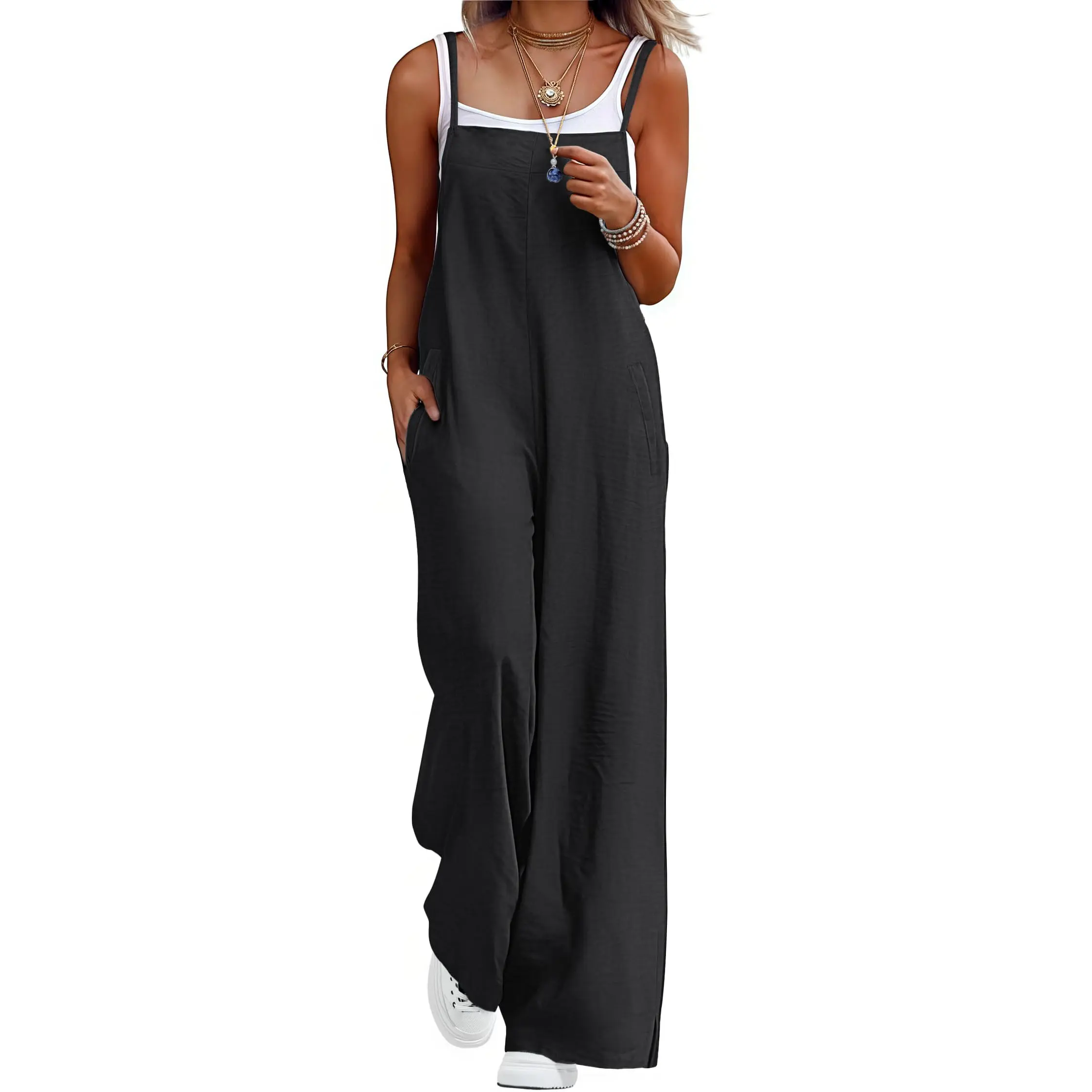 Lepunuo Womens Casual Loose Jumpsuits Summer Boho Wide Leg Rompers Sleeveless Overalls with Pockets