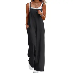 Lepunuo Womens Casual Loose Jumpsuits Summer Boho Wide Leg Rompers Sleeveless Overalls with Pockets