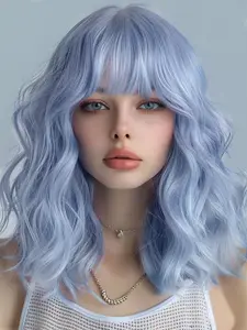 Light Blue Wave Wig for Women, Bob Style Short Hair with Bangs, Cosplay Anime Role Play Daily Wear, All Seasons Fashion Accessory