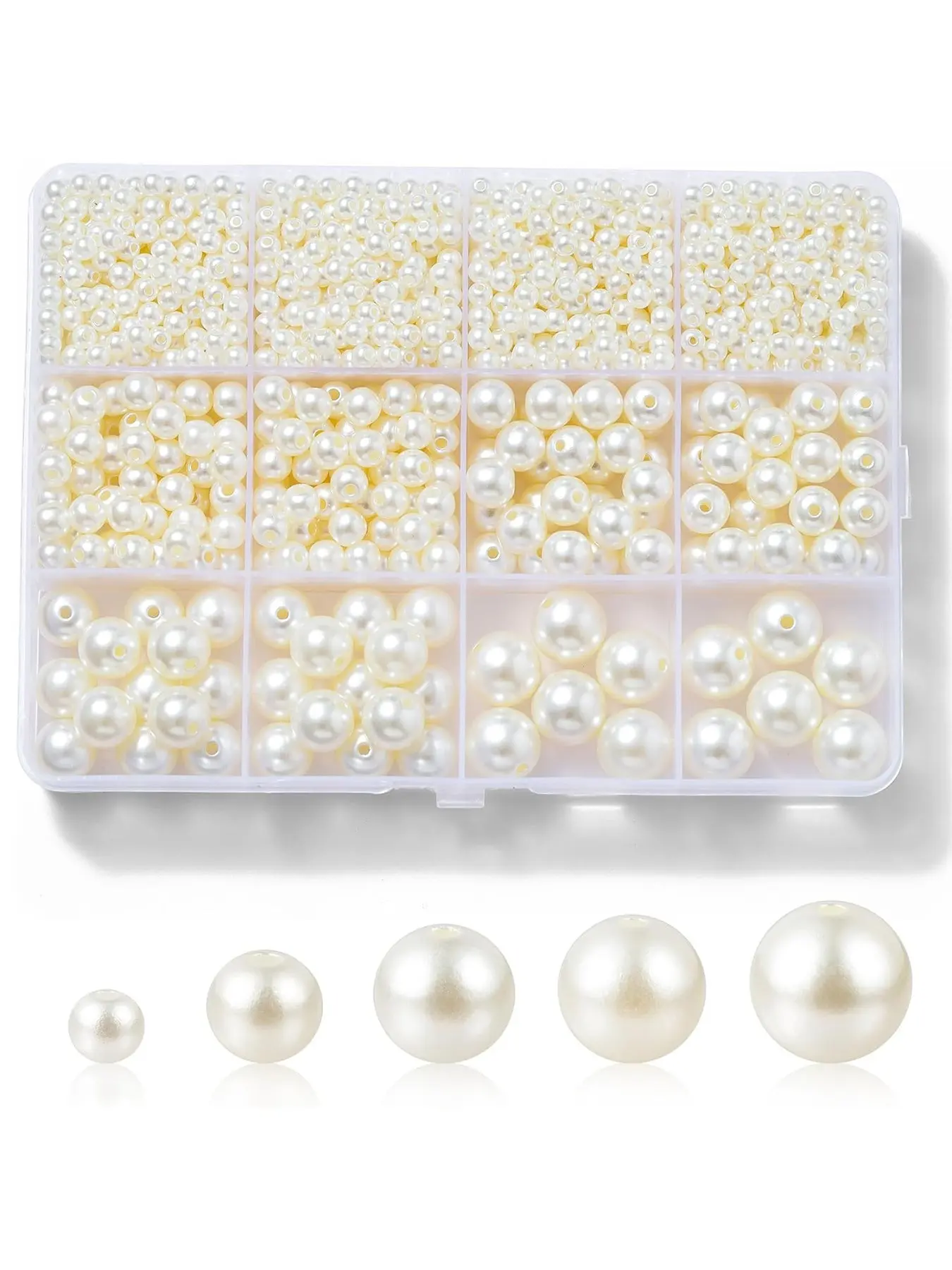 Approx. 1200pcs ABS Pearl Beads with Organizer Box, 5 Sizes Mixed Round Pearls with Holes for Jewelry Making, DIY Loose Spacer Beads for Bracelets, Necklaces and Crafts, Pearls Beading, Bead Assortment, Jewelry Making Supplies, DIY Craft Embellishments