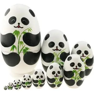 Cute Animal Theme Black and White Panda Egg Shape Wooden Handmade 10 Pieces Nesting Matryoshka Dolls Set Kids Toy for Birthday Home Kids Room Decoration