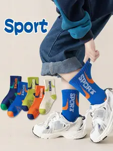 Boys' Summer Thin Anti-Odor Sweat Absorbent Mid-Calf Socks, Sporty Colorblock Long Tube Socks, Comfortable Soft High-Top Socks