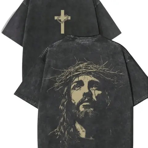 Men's Vintage Retro Jesus Graphic T-Shirt - 260g Heavyweight Fluffy Cotton Top, Oversized Round Neck Christian Casual Menswear, Plus Size Aesthetic Mens Clothing, Back to School Essential Gift