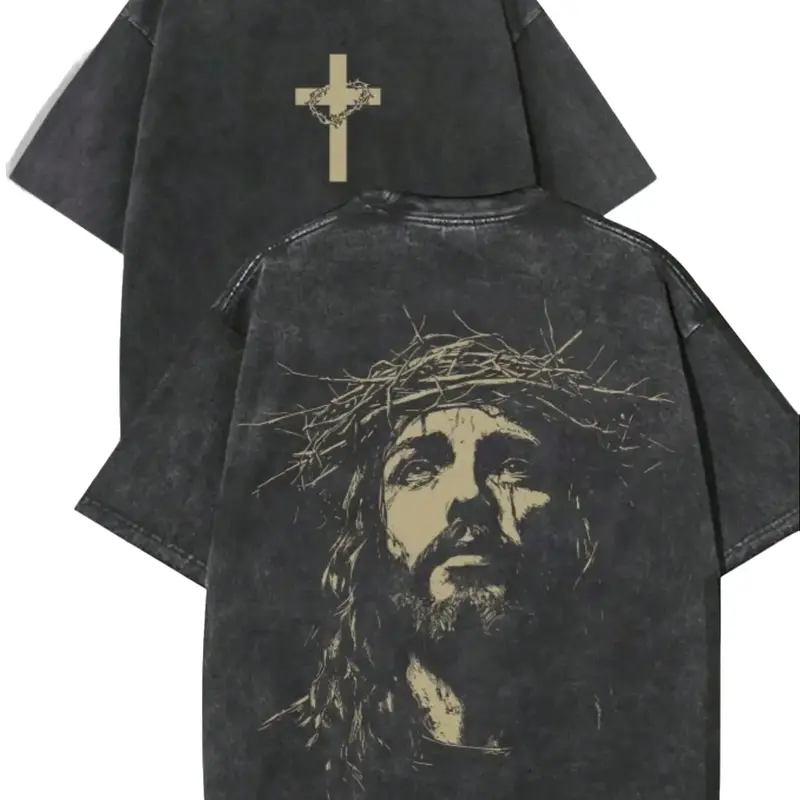 Men's Vintage Retro Jesus Graphic T-Shirt - 260g Heavyweight Fluffy Cotton Top, Oversized Round Neck Christian Casual Menswear, Plus Size Aesthetic Mens Clothing, Back to School Essential Gift