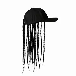 Fashion hip-hop punk baseball cap with braided wig adjustable high-temperature fiber light brown and black 35cm suitable for motorcycle style urban fashion.