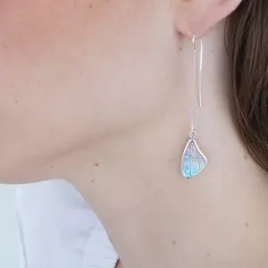 Real Morpho Sulkowskyi Butterfly Small Wing Shaped Pendant On Threader Earrings In Sterling Silver