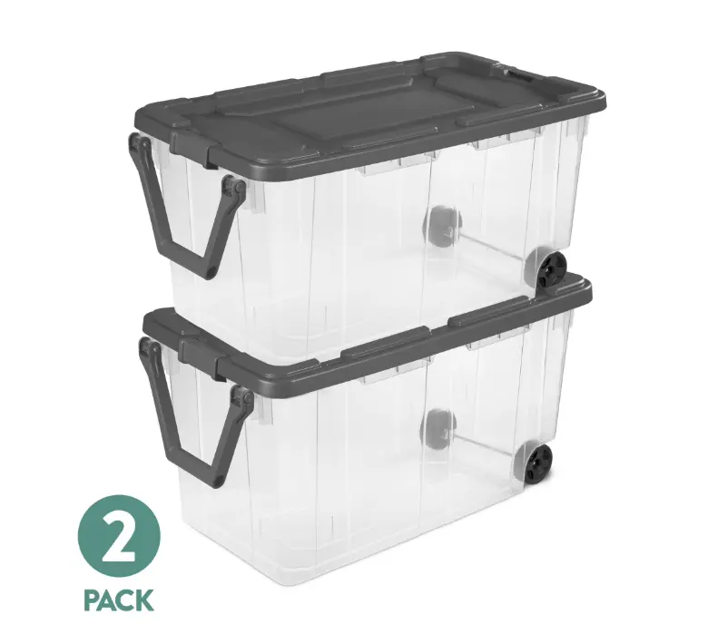 Sterilite 160 Quart Wheeled Stacker, Extra Large Durable Clear Bin, Latch Lid and Pull Handle, Gray, 2 Count