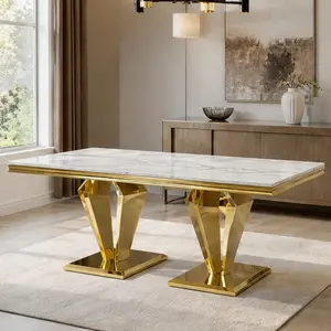 ARCH Modern MDF Marble Top Dining Table for 6, 66.9" Large Rectangular Table with Polished Stainless Steel Diamond Base, White and Gold Finish, 0.78" Thick Tabletop, Sturdy Metal Legs, Elegant Dining Room Furniture for Family Gatherings